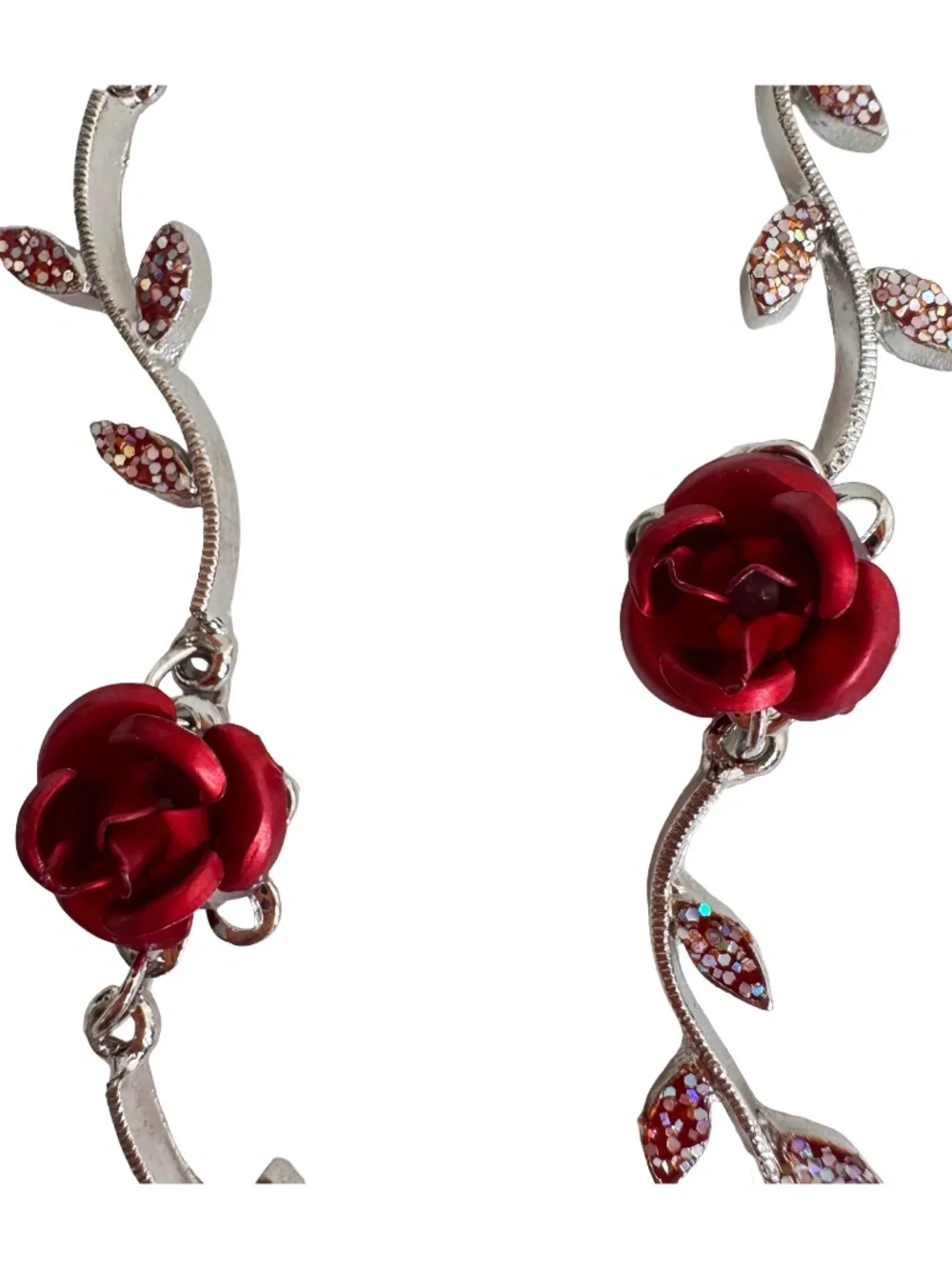 Vintage Red Rose Enamel Necklace Y Drop Crystal Leaf Silver Tone Floral 15